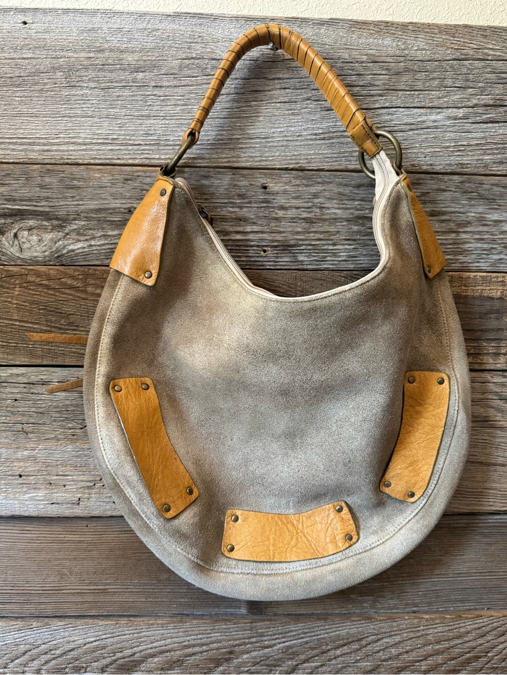 Vintage BCBG Maxazaria Suede Hobo Shoulder Bag in Beige with Tan Accents - Picture 2 of 7